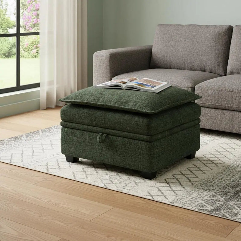 30" Green and Black Chenille Storage Ottoman Homeroots Living Room