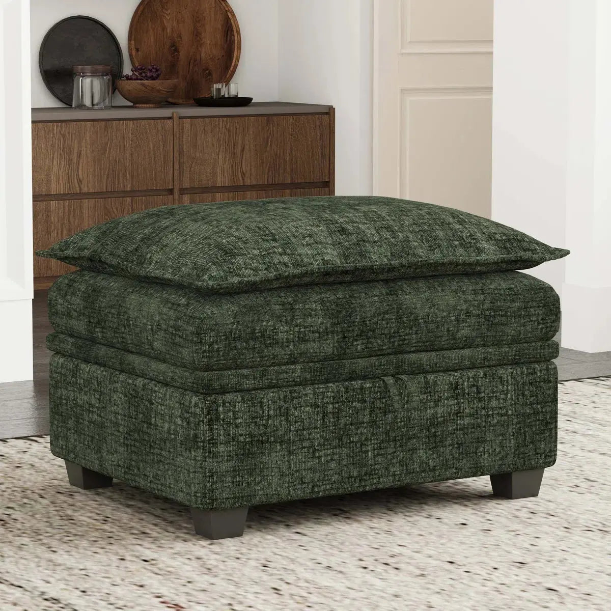 30" Green and Black Chenille Storage Ottoman Homeroots Living Room