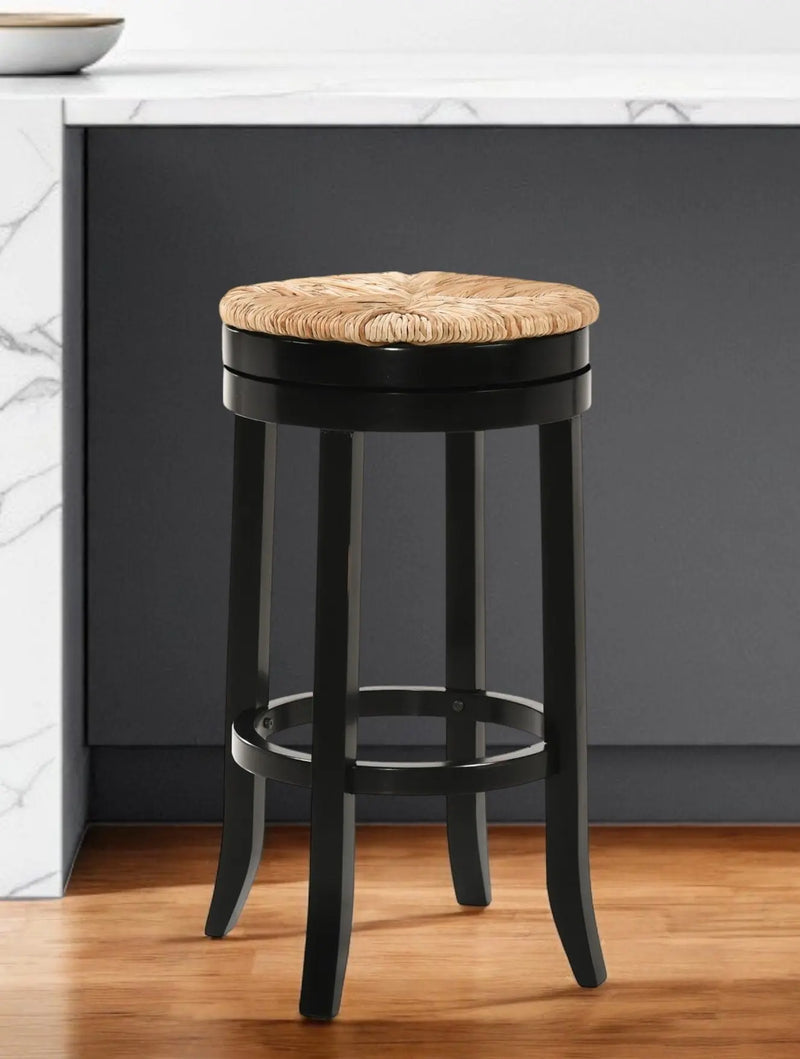 30" Natural And Black Solid Wood Swivel Backless Bar Height Bar Chair Homeroots Living Room