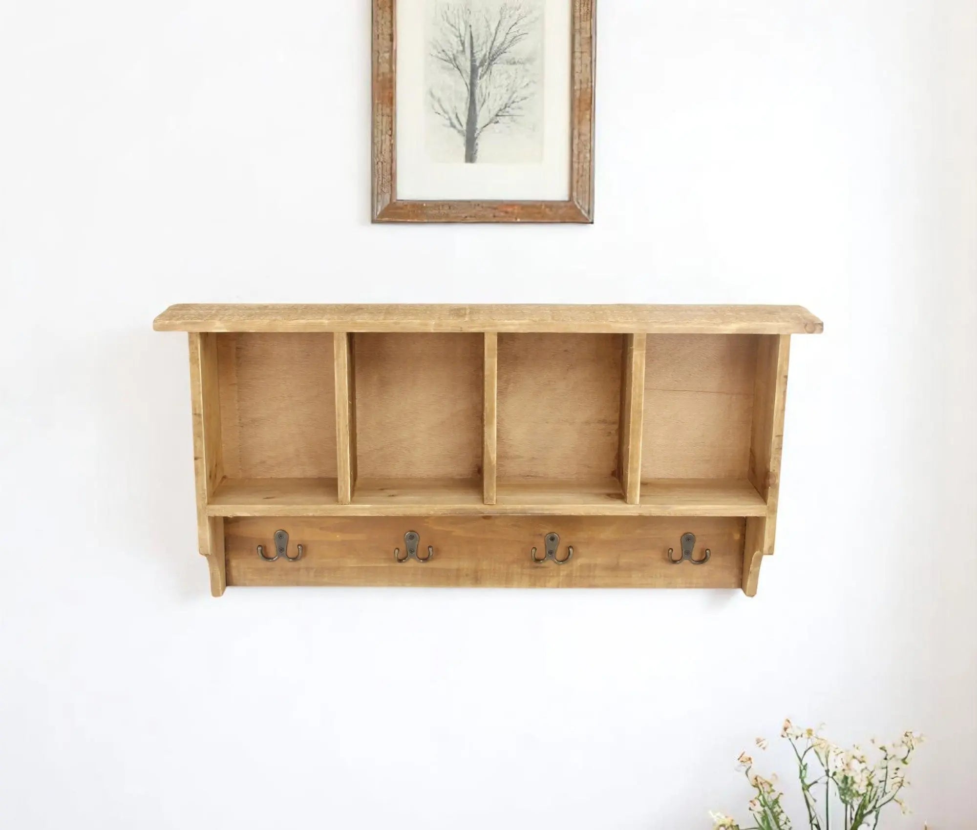 30" Natural Wood Four Hook Wall Mount Coat Rack Homeroots Organization