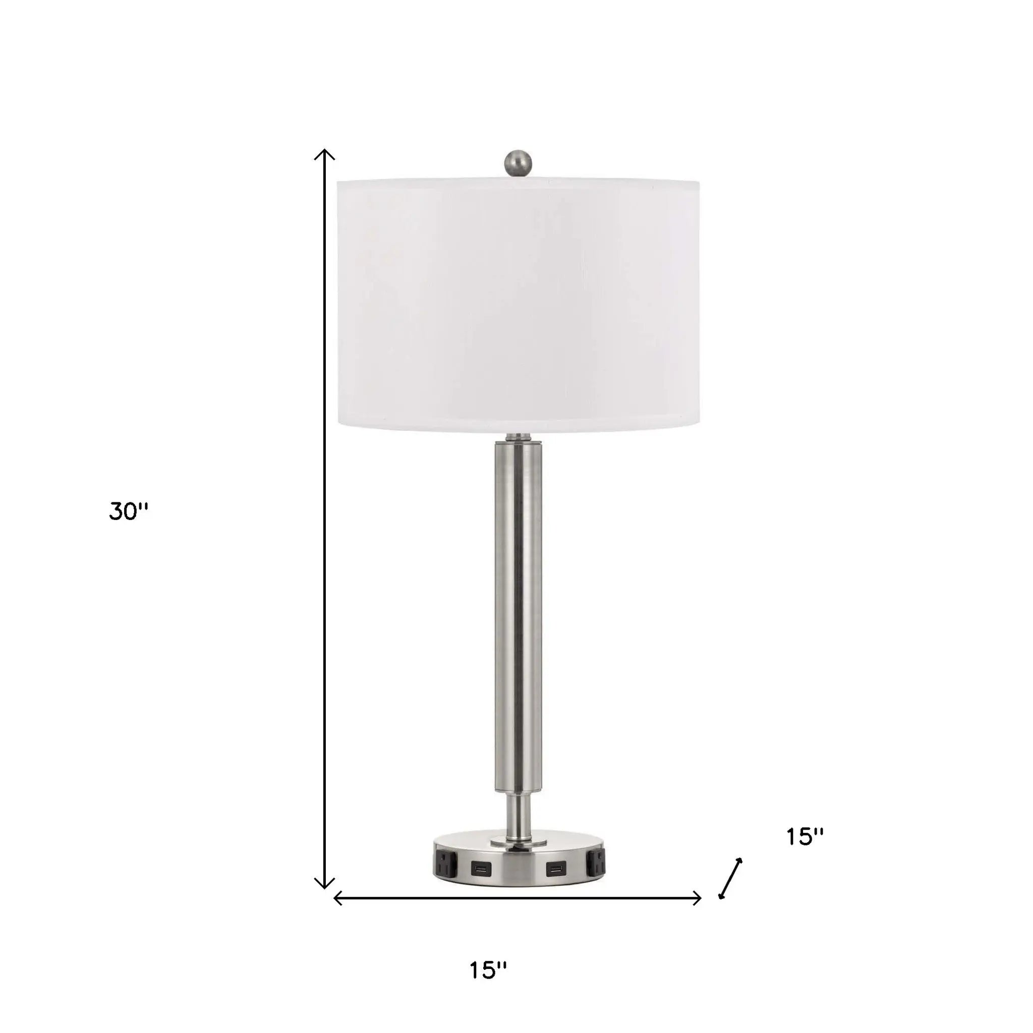 30" Nickel Metal Cylinder USB Table Lamp With White Drum Shade Homeroots Lighting
