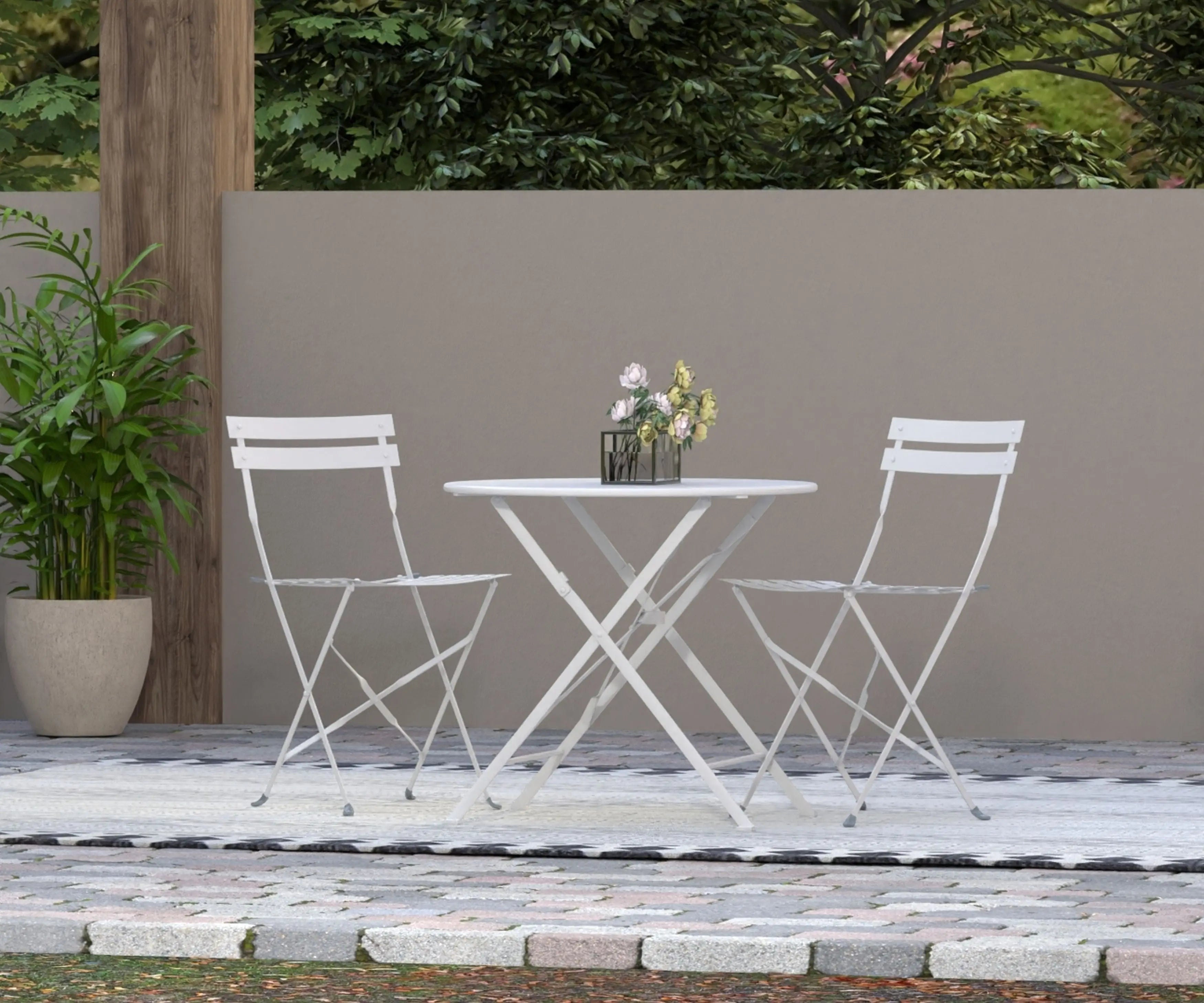 30" White Rounded Aluminum Folding Outdoor Bistro Table with Umbrella Hole Homeroots Outdoor