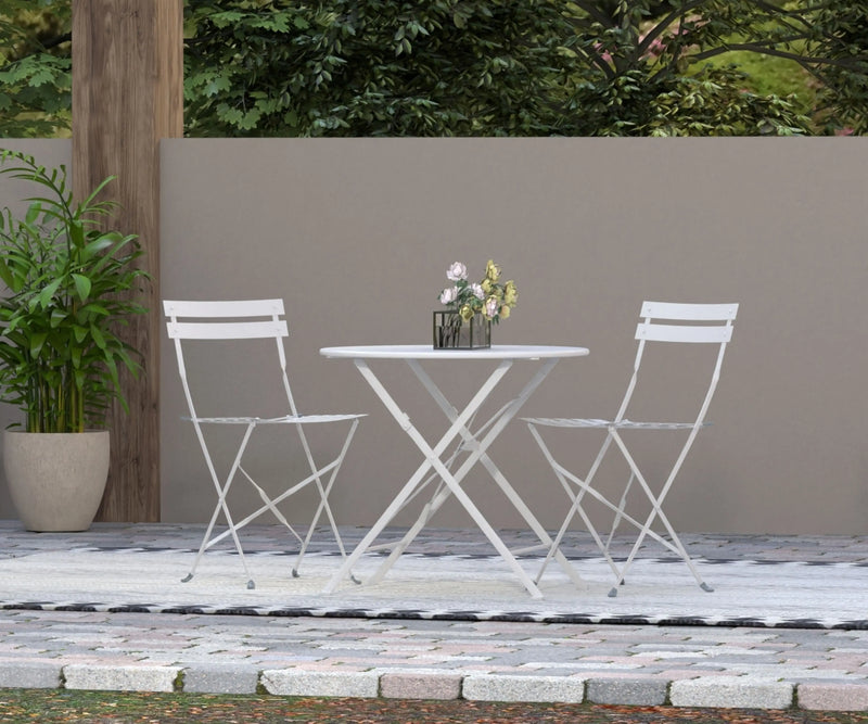 30" White Rounded Aluminum Folding Outdoor Bistro Table with Umbrella Hole Homeroots Outdoor