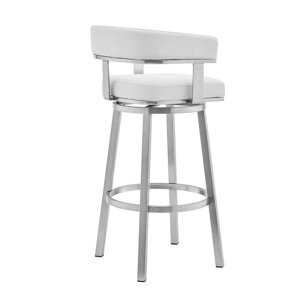 30" White and Silver Faux Leather Stainless Steel Low Back Bar Height Swivel Bar Chair - GreatEagleInc