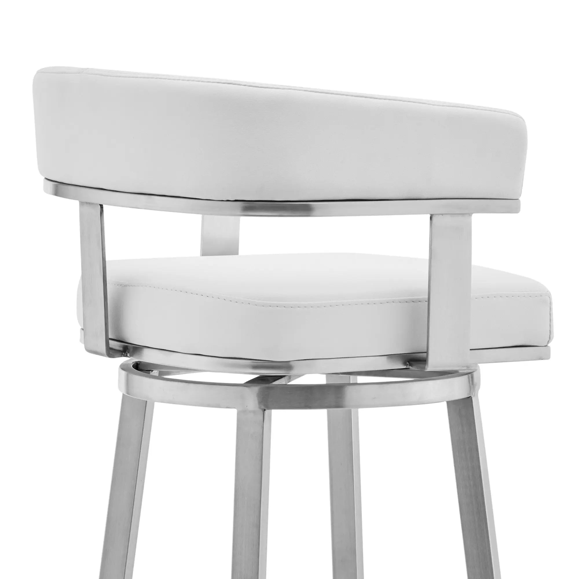 30" White and Silver Faux Leather Stainless Steel Low Back Bar Height Swivel Bar Chair - GreatEagleInc