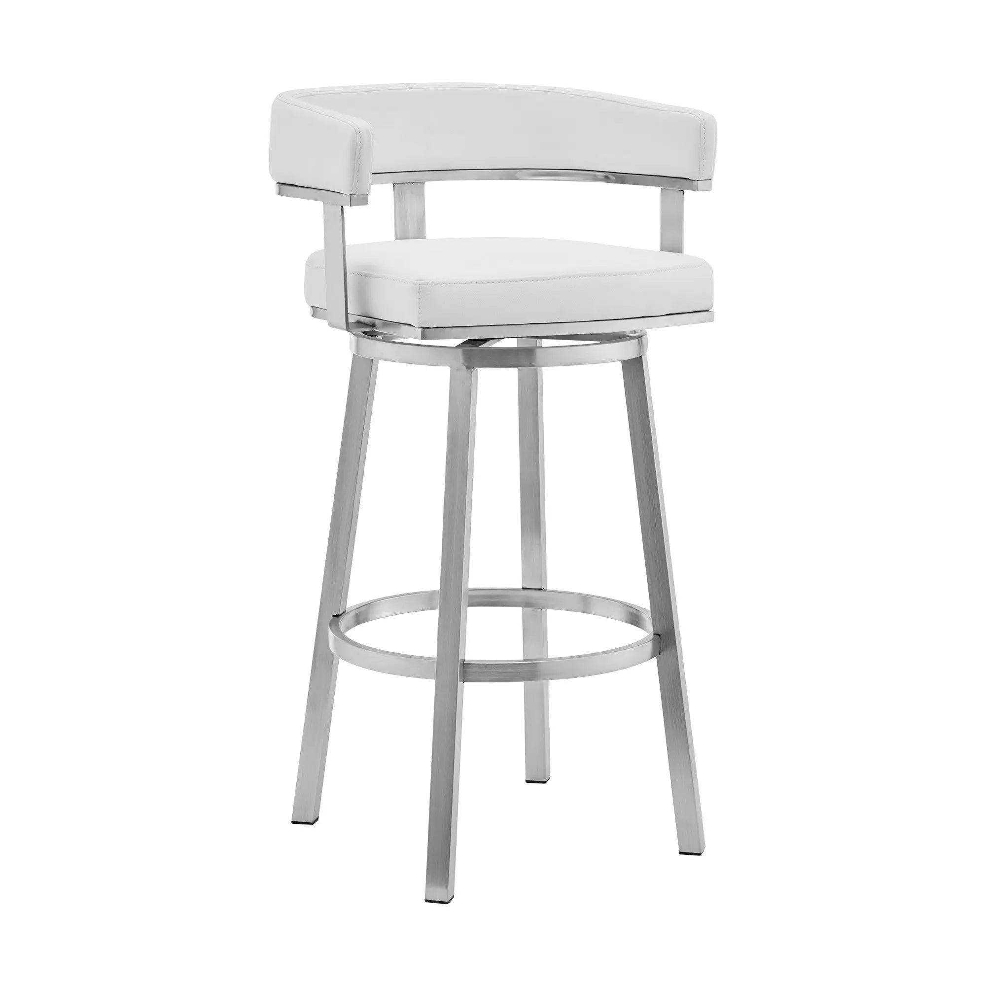 30" White and Silver Faux Leather Stainless Steel Low Back Bar Height Swivel Bar Chair - GreatEagleInc