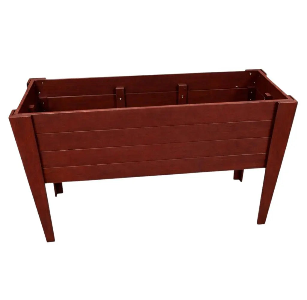 Dark brown wooden raised garden bed with slatted design and sturdy legs, ideal for growing vegetables and flowers.