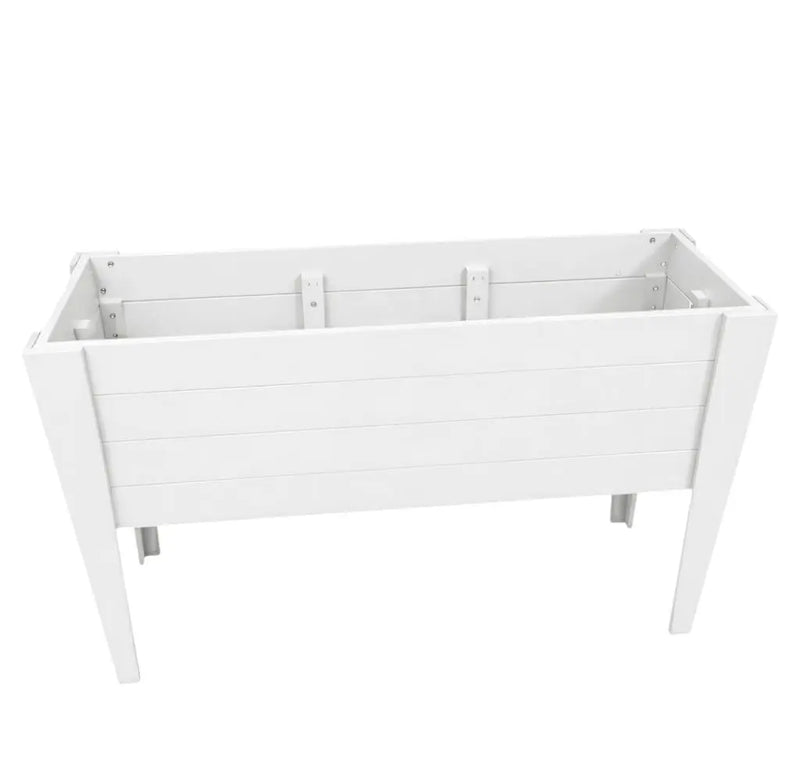 White wooden rectangular raised garden bed with slatted design and sturdy legs, perfect for growing plants.