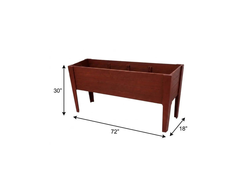 Rustic cedar wood raised garden bed in dark brown, 72” x 18” x 30”, perfect for growing flowers and vegetables.