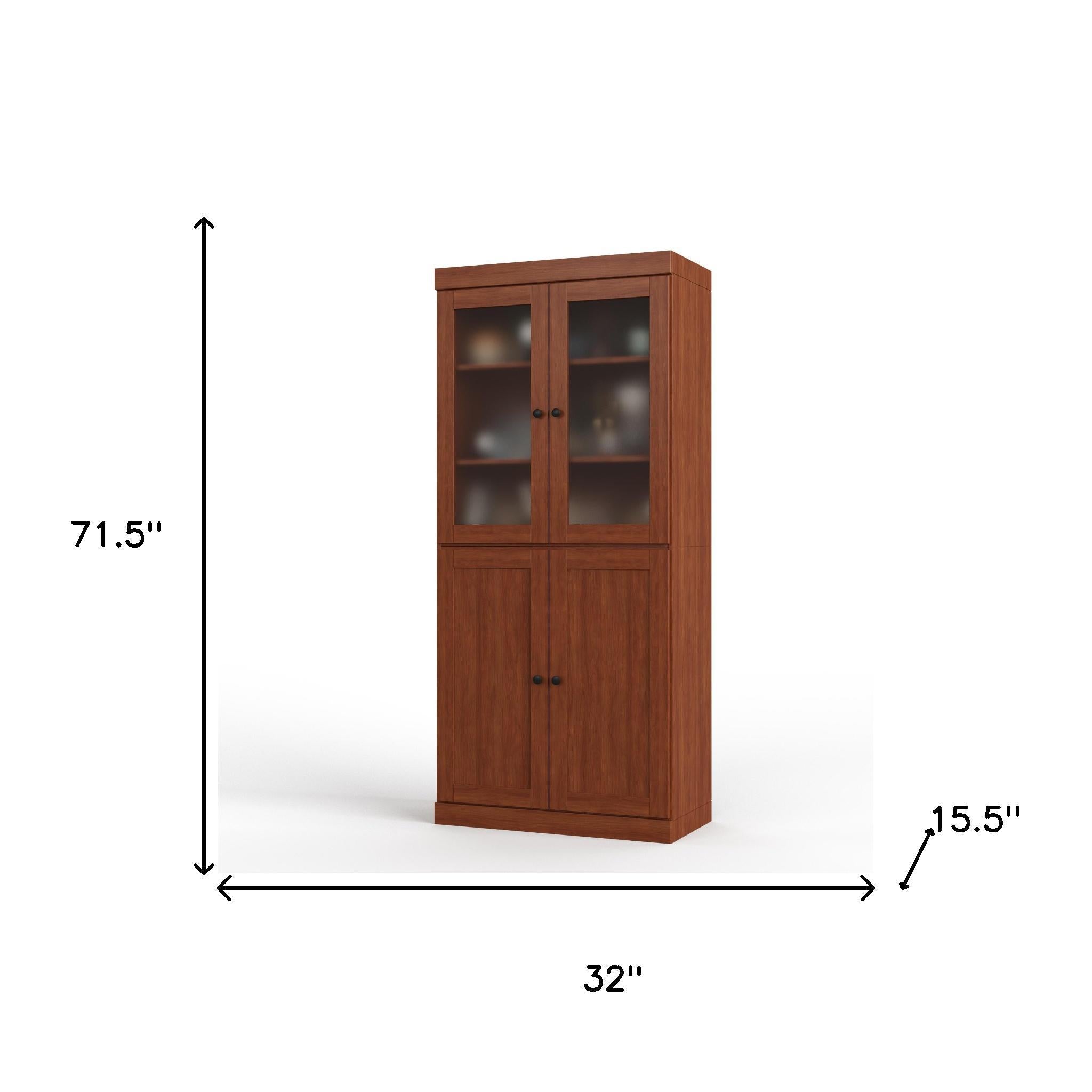 Solid wood storage cabinet with two glass upper doors and two lower panel doors