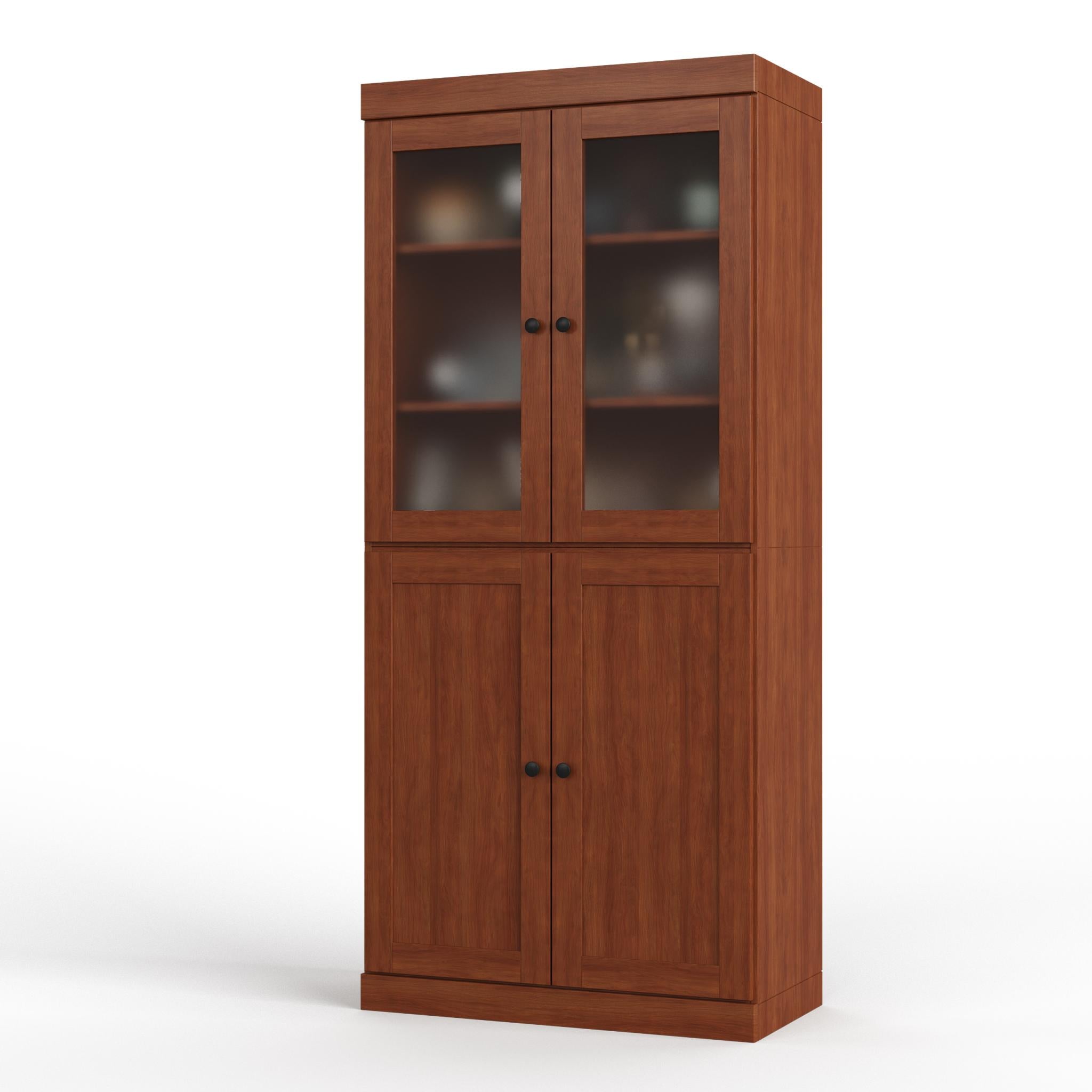 Solid wood pantry cabinet with two glass upper doors and two lower cabinet doors