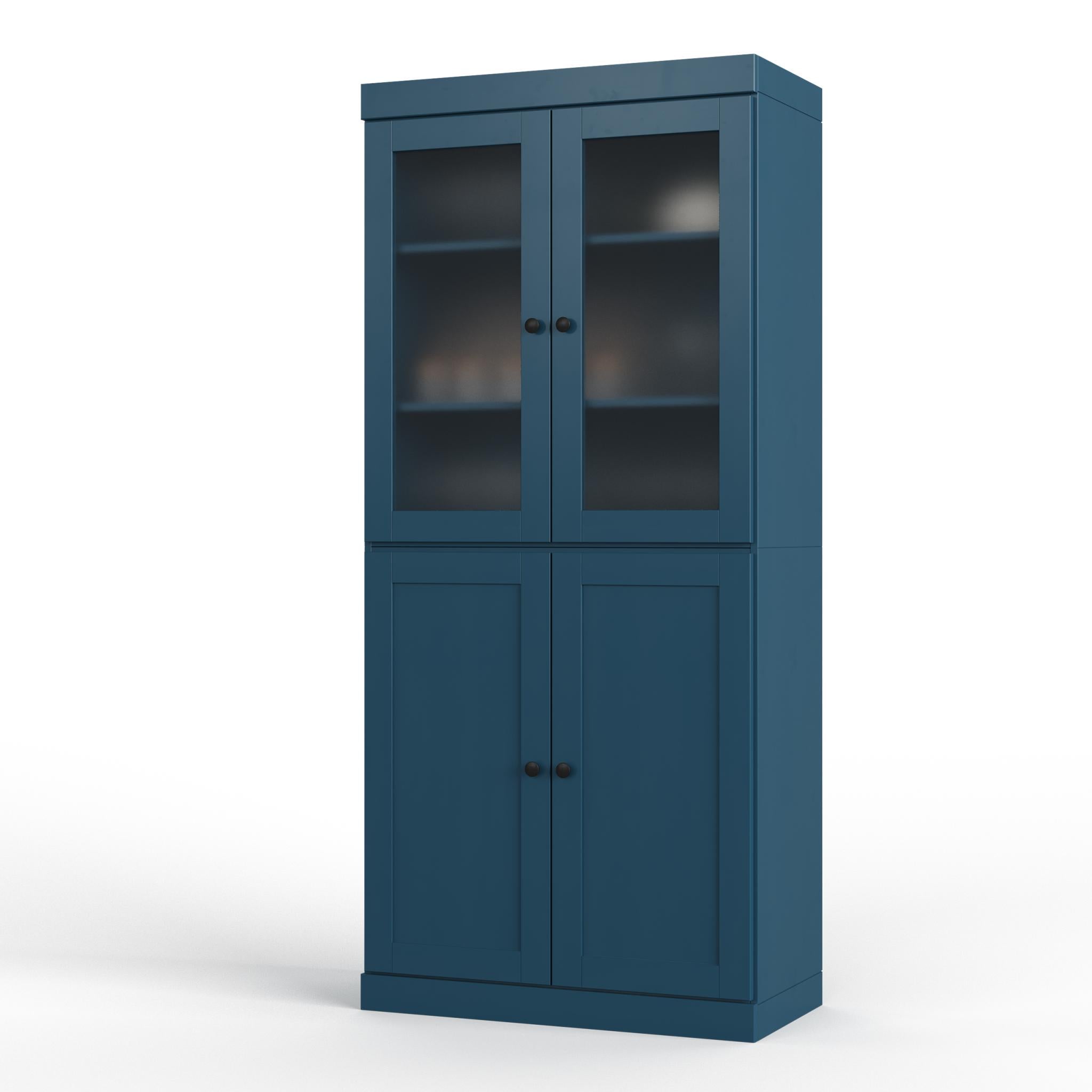 Teal blue pantry storage cabinet with upper glass doors, lower panel doors, round knobs