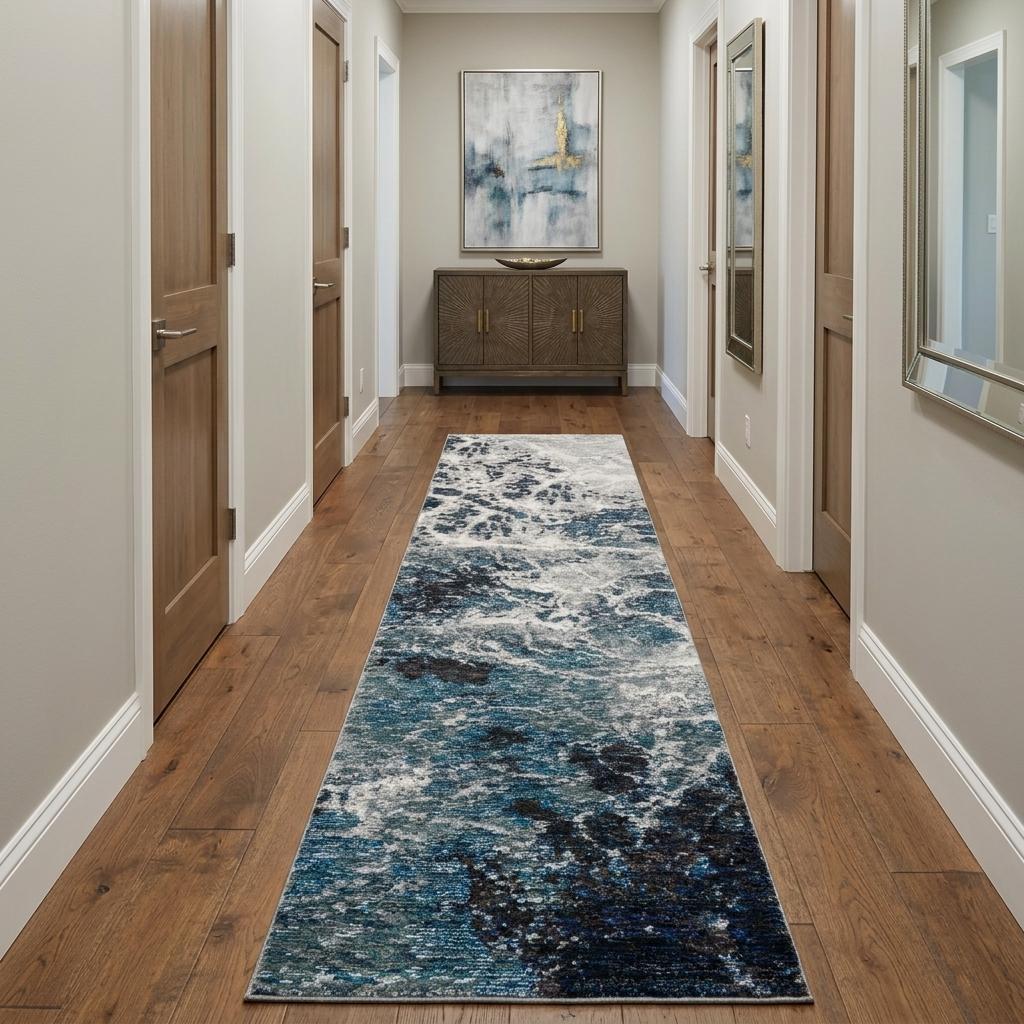 12' Gray Teal And Green Abstract Runner Rug - Home & Garden