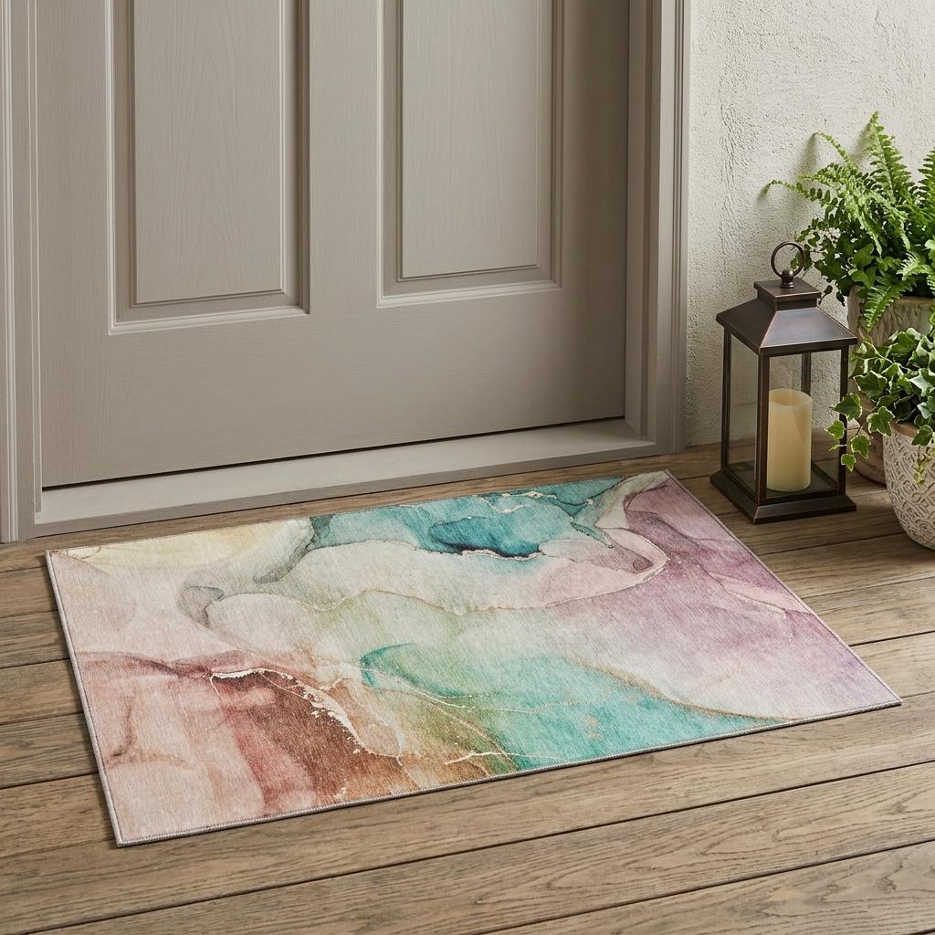 3' X 5' Teal Abstract Washable Non Skid Indoor Outdoor Area Rug - Outdoor