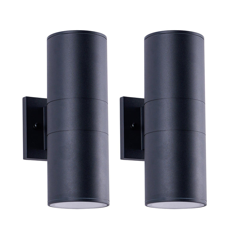 Pair of black cylindrical outdoor wall hanging lights with square backplates and downlights