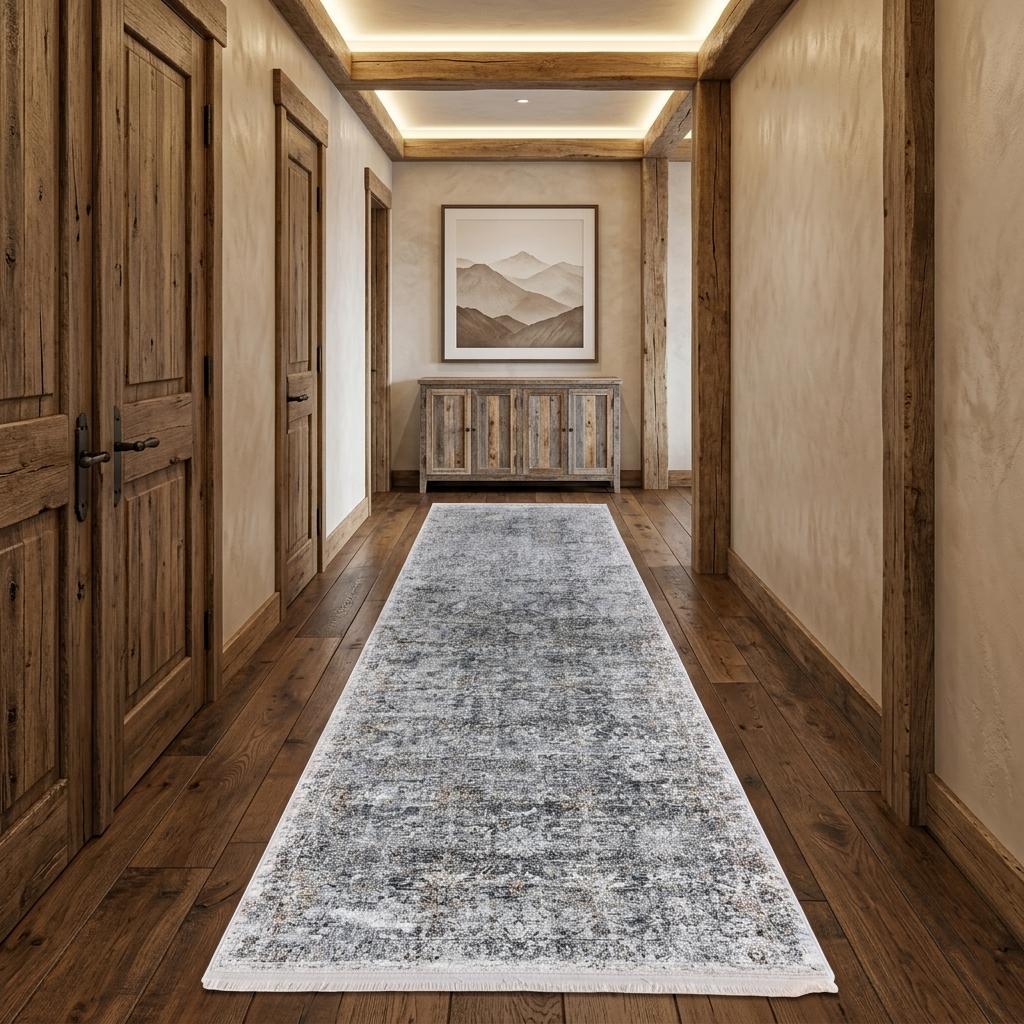 12' Gray and Silver Damask Power Loom Worn Faded Runner Rug - Home & Garden