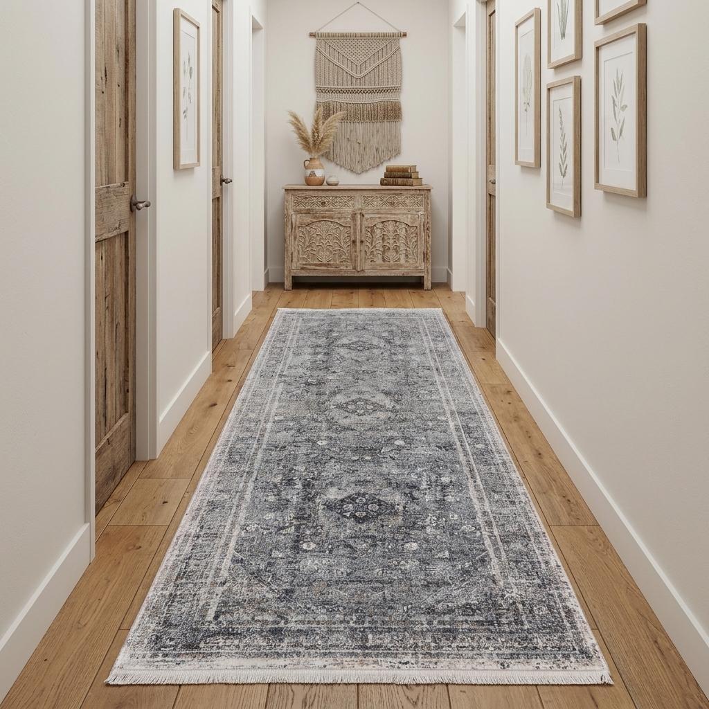 10' Gray And Silver Oriental Distressed Runner Rug - Home & Garden