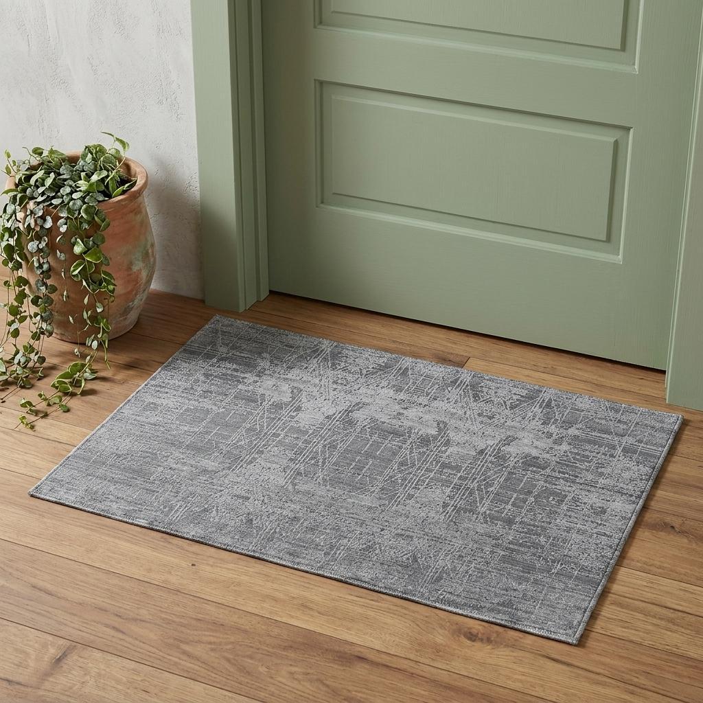 2' X 3' Gray and Silver Abstract Hand Woven Worn Faded Area Rug - Home & Garden