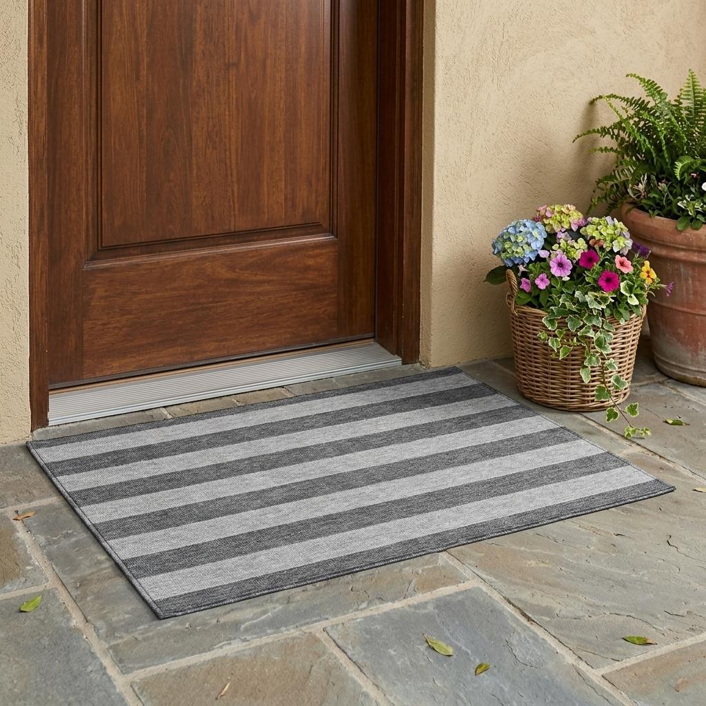 3' X 5' Gray and White Striped Washable Non Skid Indoor Outdoor Area Rug - Outdoor