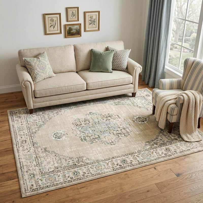 5' X 8' Beige And Ivory Center Jewel Area Rug - Home & Garden