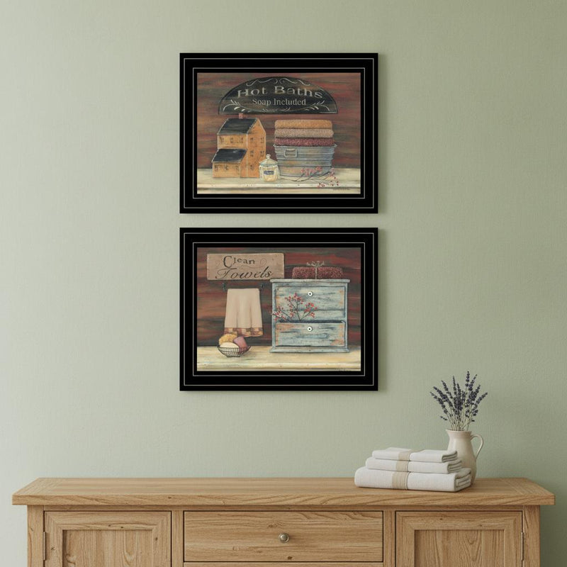 Set Of Two Hot Bath or Clean Towels 2 Black Framed Print Bathroom Wall Art - Home Decor