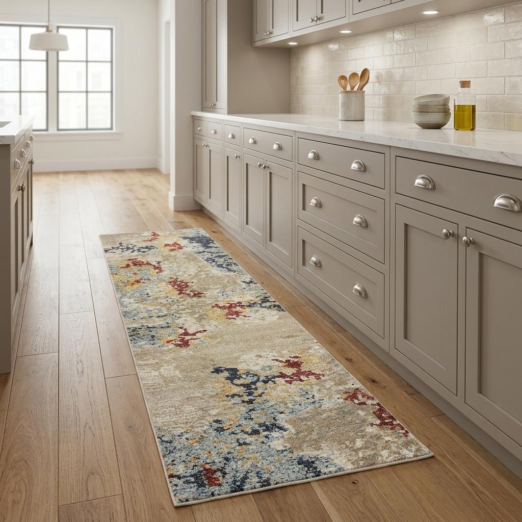 8' Blue And Beige Abstract Runner Rug - Home & Garden