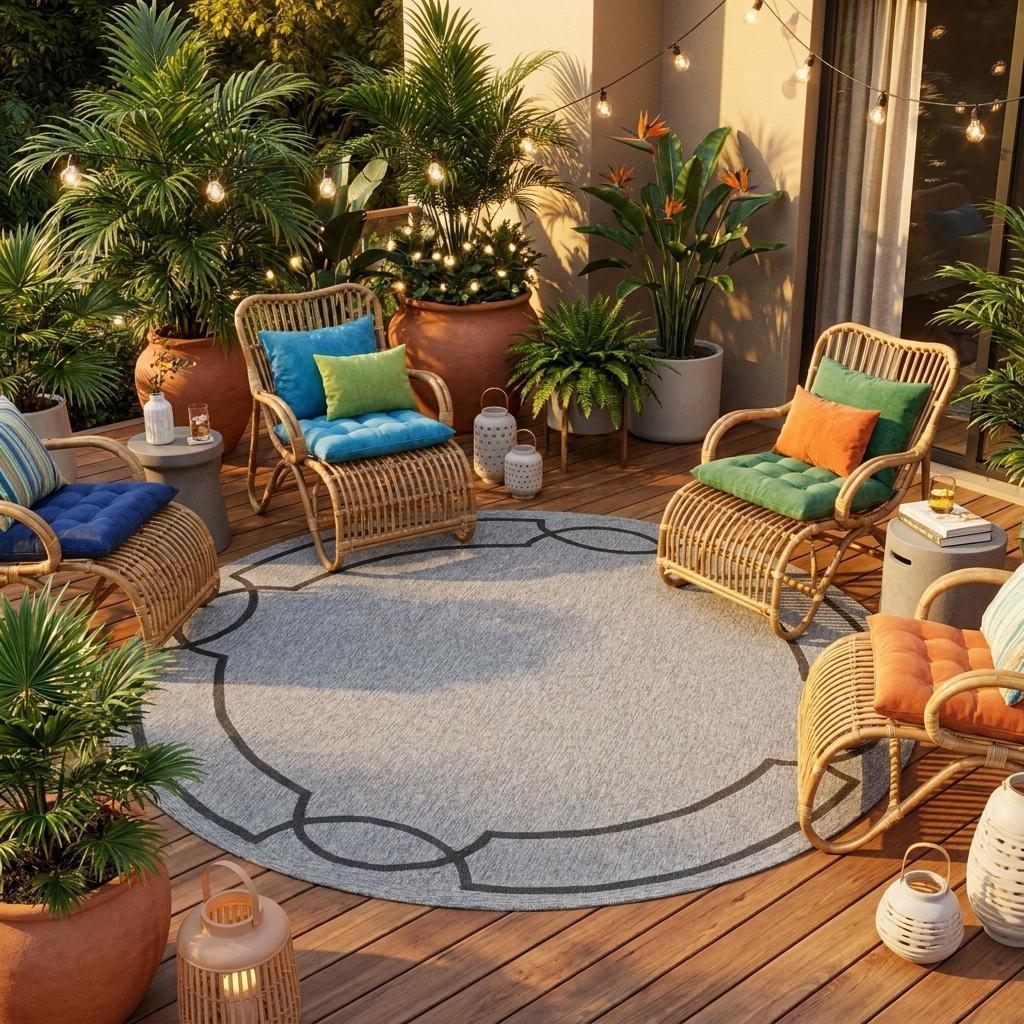 7' Ivory And Brown Round Geometric Handmade Indoor Outdoor Area Rug - Outdoor