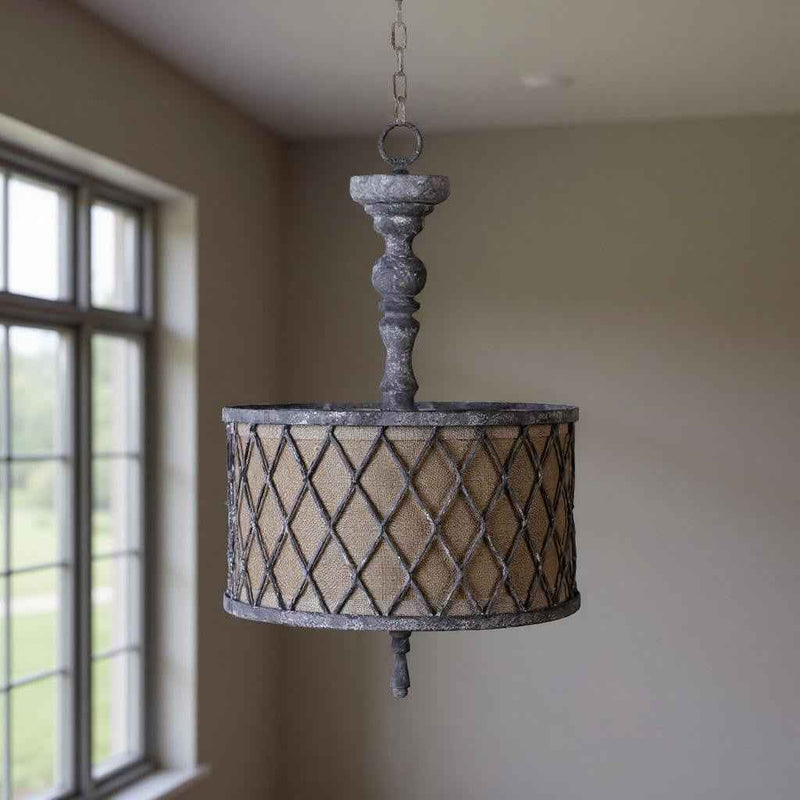 Gray Drum Distressed Galvanized Metal Dimmable Chandelier With Natural Shade