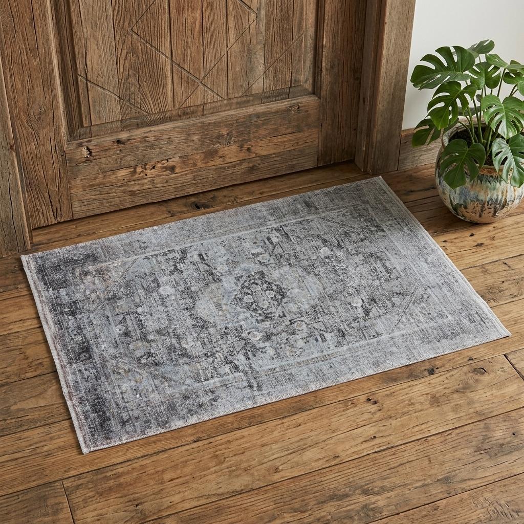 2' X 3' Gray and Silver Oriental Power Loom Worn Faded Area Rug - Home & Garden