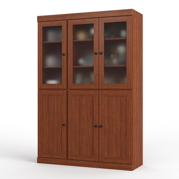 Solid wood 6-door storage cabinet with 3 glass upper doors, 3 panel lower doors