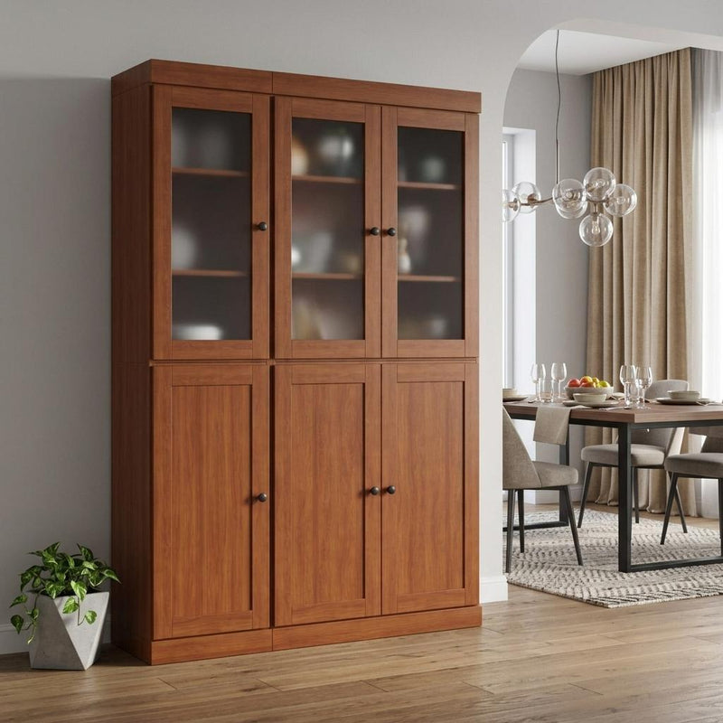 Solid wood pantry cabinet with three glass doors on top and three panel doors below