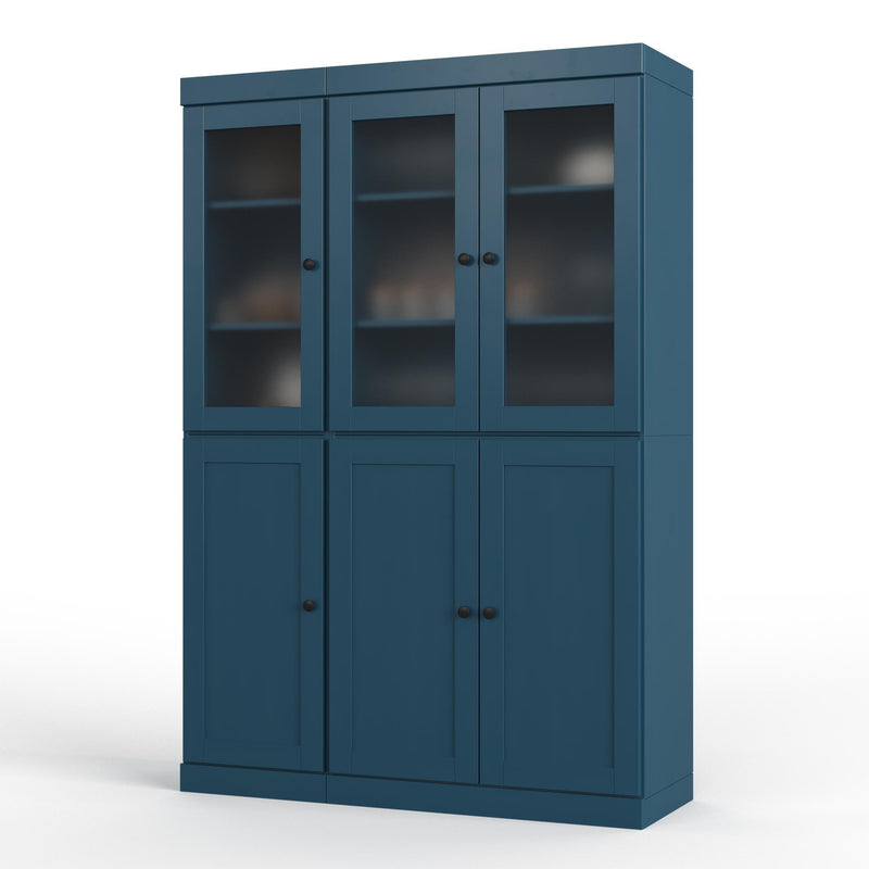 Teal blue wood pantry cabinet with three glass-front doors and three panel doors
