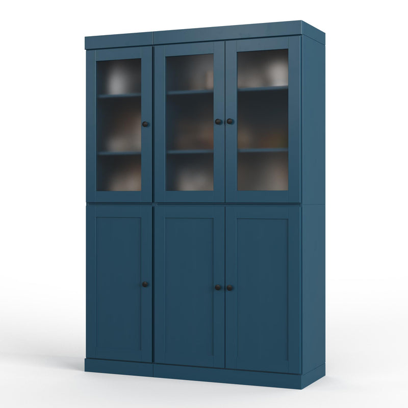 Teal blue pantry cabinet with three glass-front upper doors and three lower cabinet doors