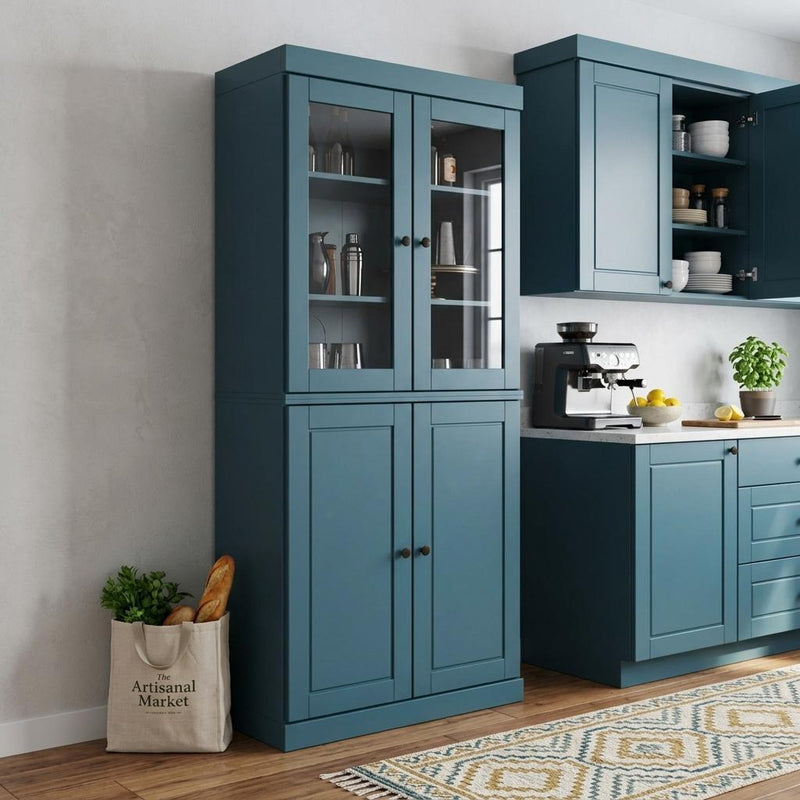 Teal blue storage cabinet with two glass upper doors and two lower cabinet doors