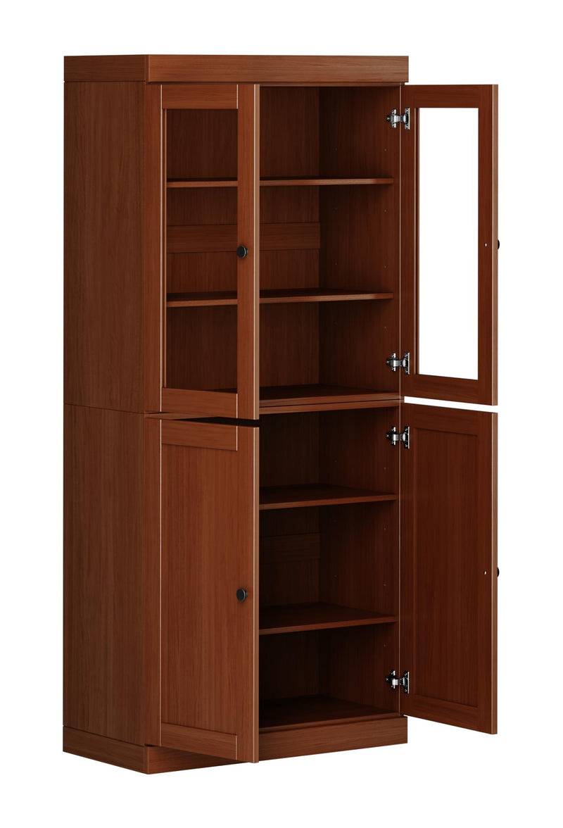 Solid wood pantry cabinet with open doors, interior shelves, and metal hinges