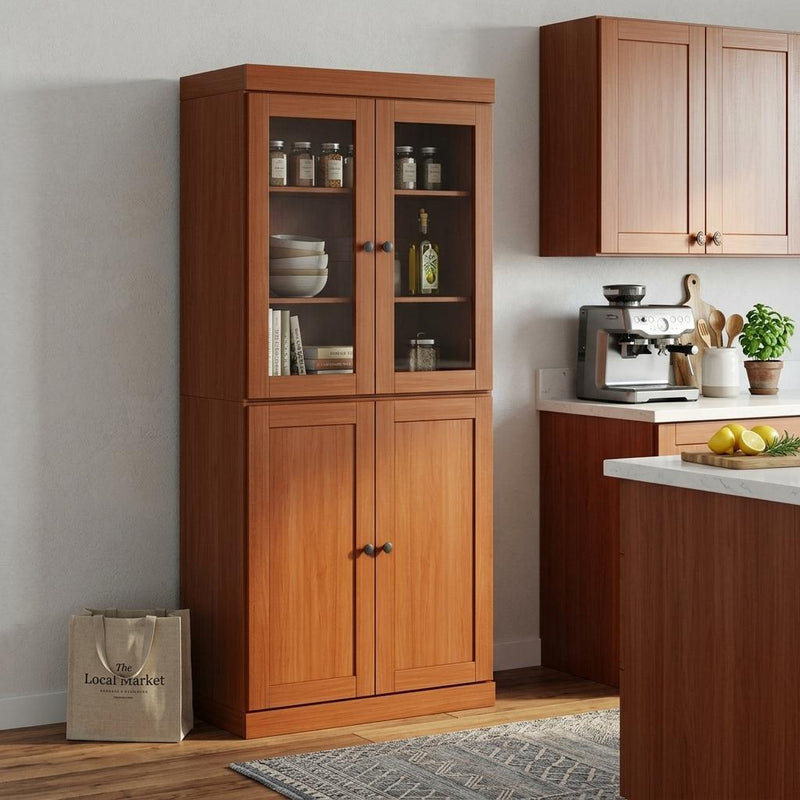 Solid wood pantry cabinet with glass upper doors and two lower cabinet doors