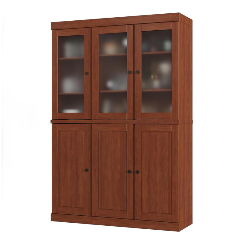 Dark wood pantry storage cabinet with three glass doors above and three cabinet doors below