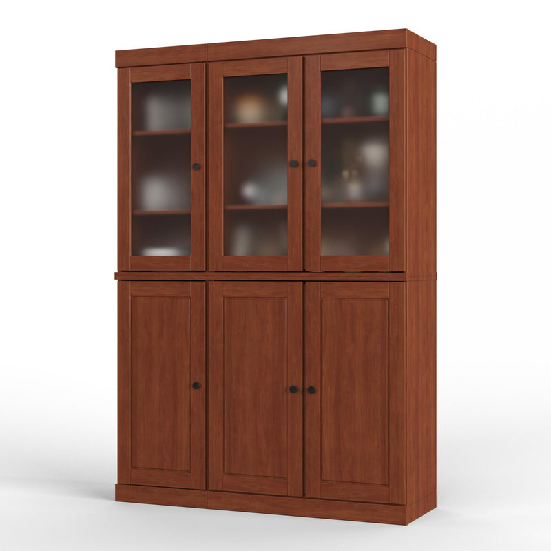 Wood pantry cabinet featuring three glass doors and three lower panel doors with knobs