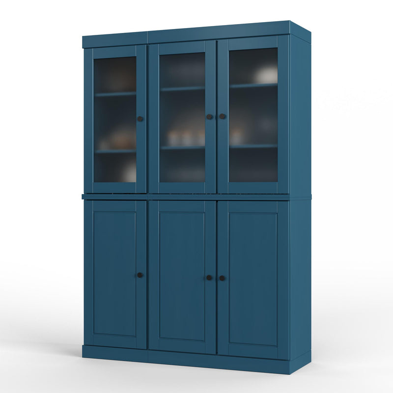 Teal blue solid wood storage cabinet with three glass doors over three paneled doors