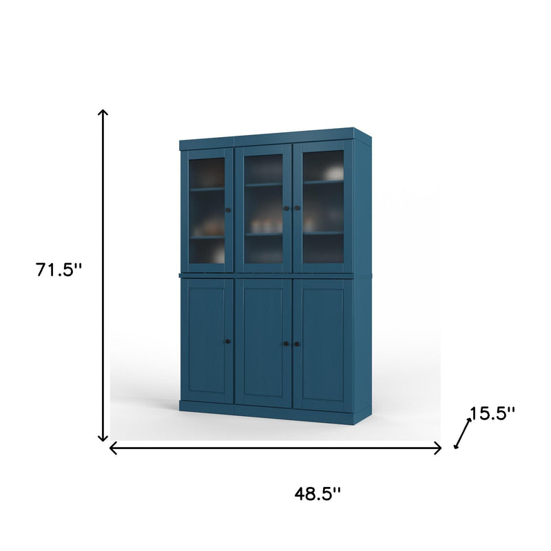 Teal blue wooden storage cabinet with overall measurements 71.5" tall and 48.5" wide