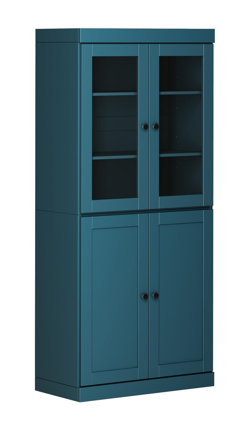 Teal blue wood storage cabinet with two glass doors and two lower panel doors
