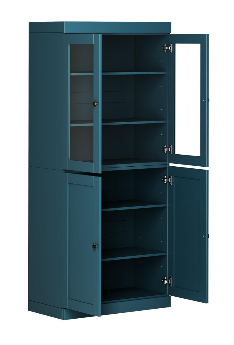 Teal blue pantry cabinet with open side door, showing interior shelves and glass panel