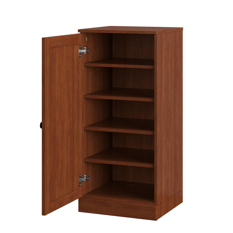 Warm brown shoe storage cabinet with open door showing interior shelves