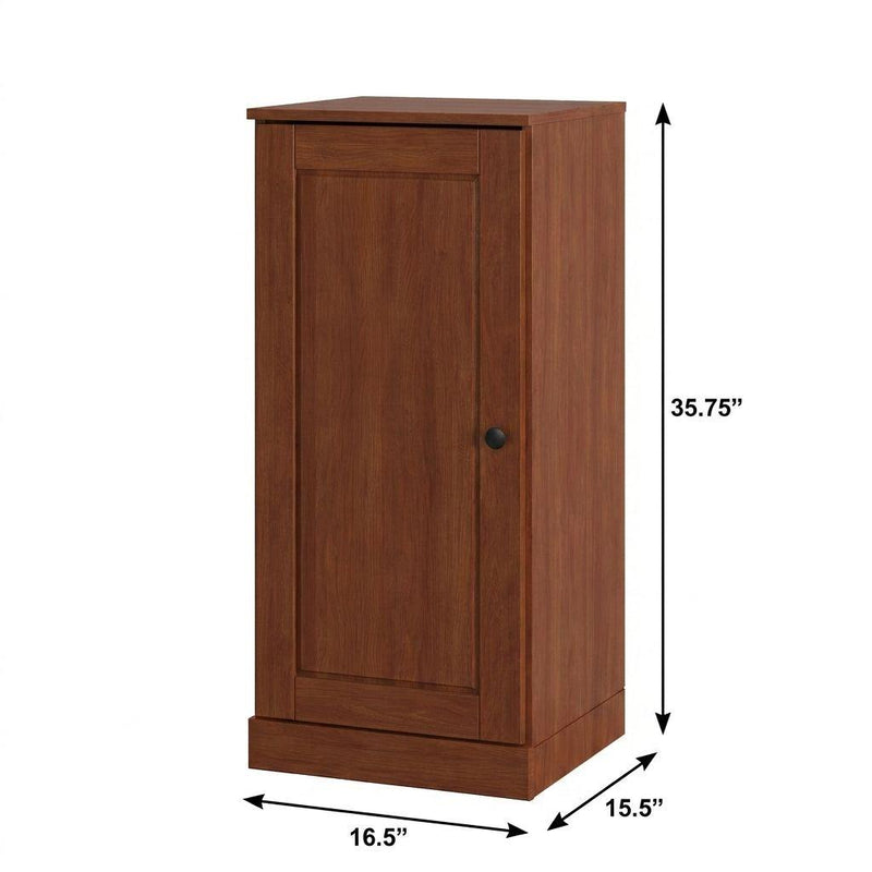 Warm brown shoe storage cabinet with single front door and round knob