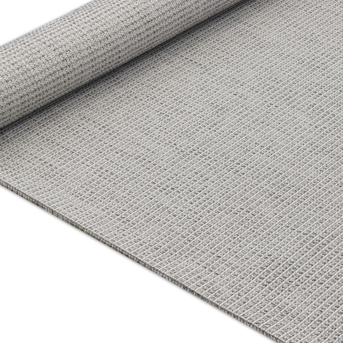 Gray woven area rug with rolled edge and textured surface