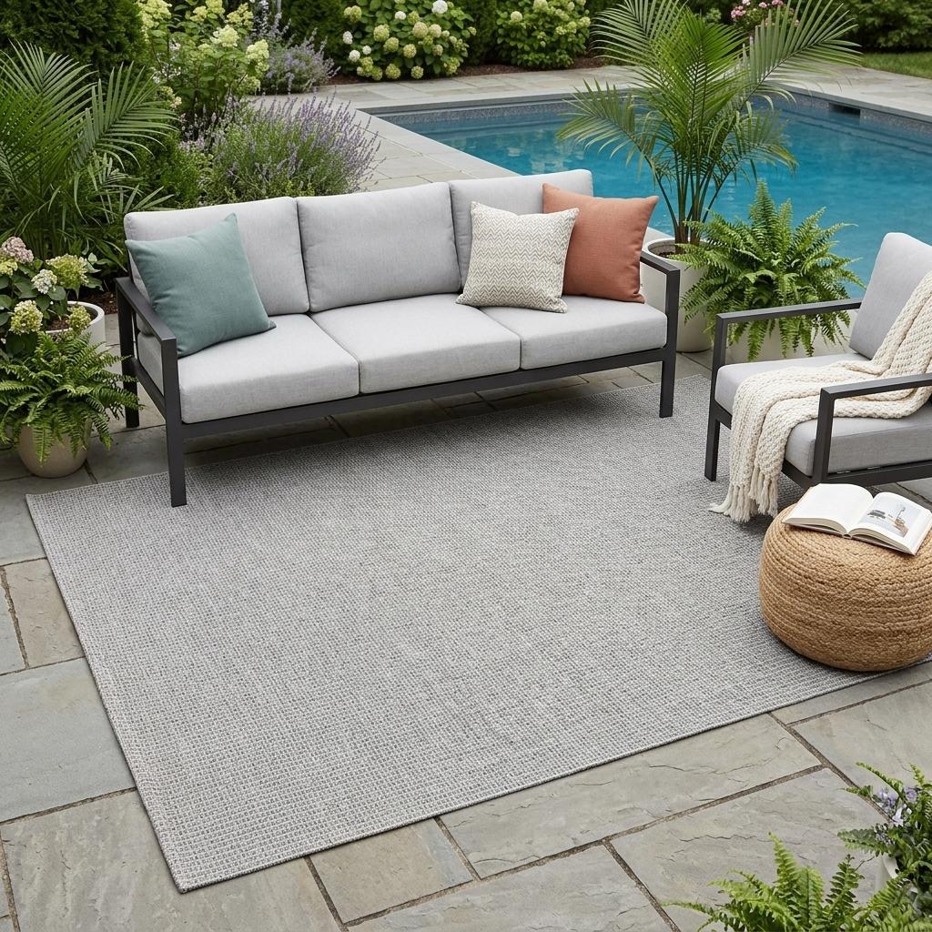 Gray indoor outdoor area rug laid flat on outdoor patio