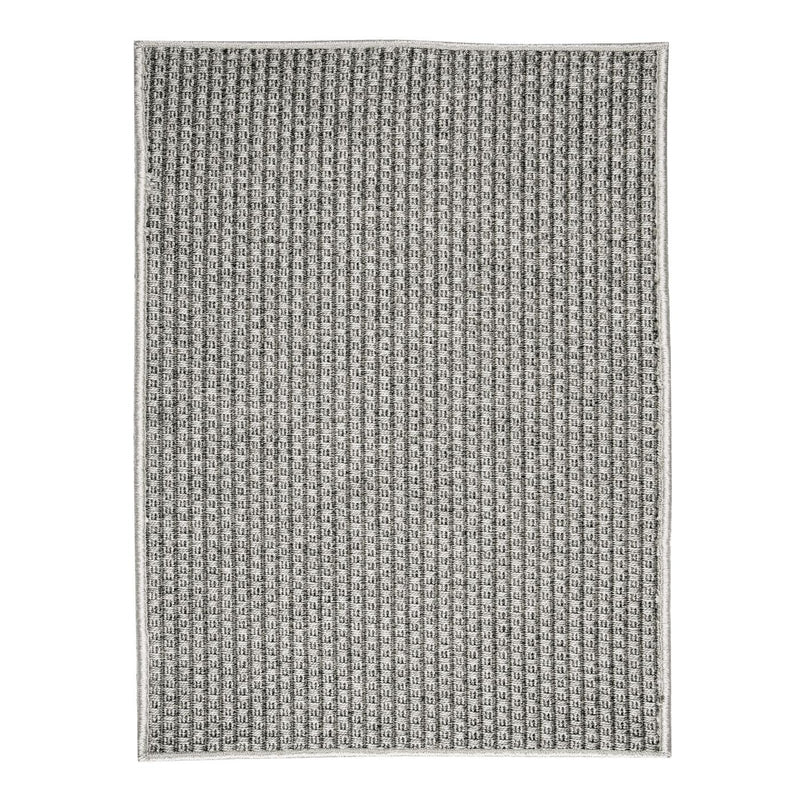 Rectangular gray indoor/outdoor area rug with textured looped pattern and bound edges