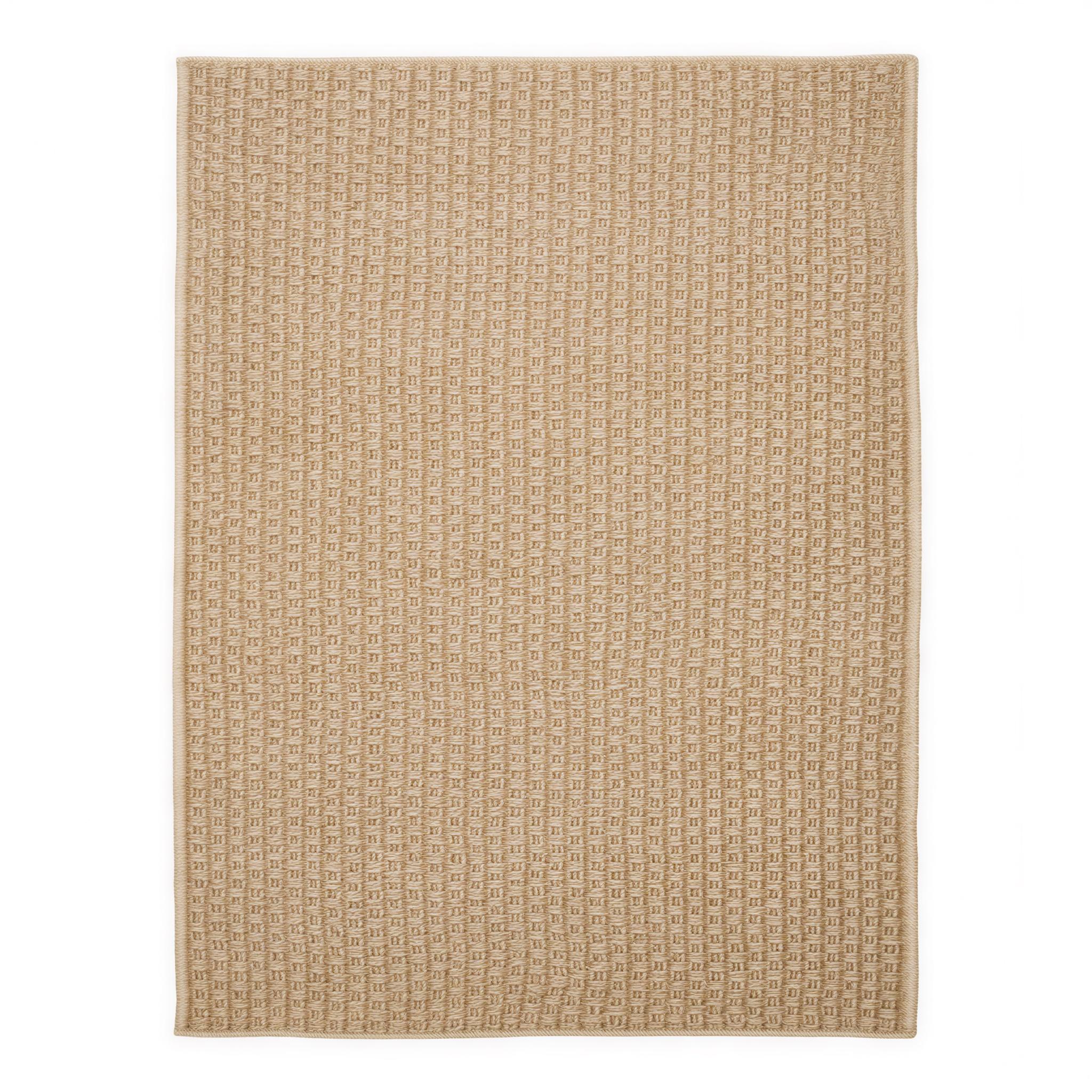 Beige area rug with flat-woven grid pattern and thin border