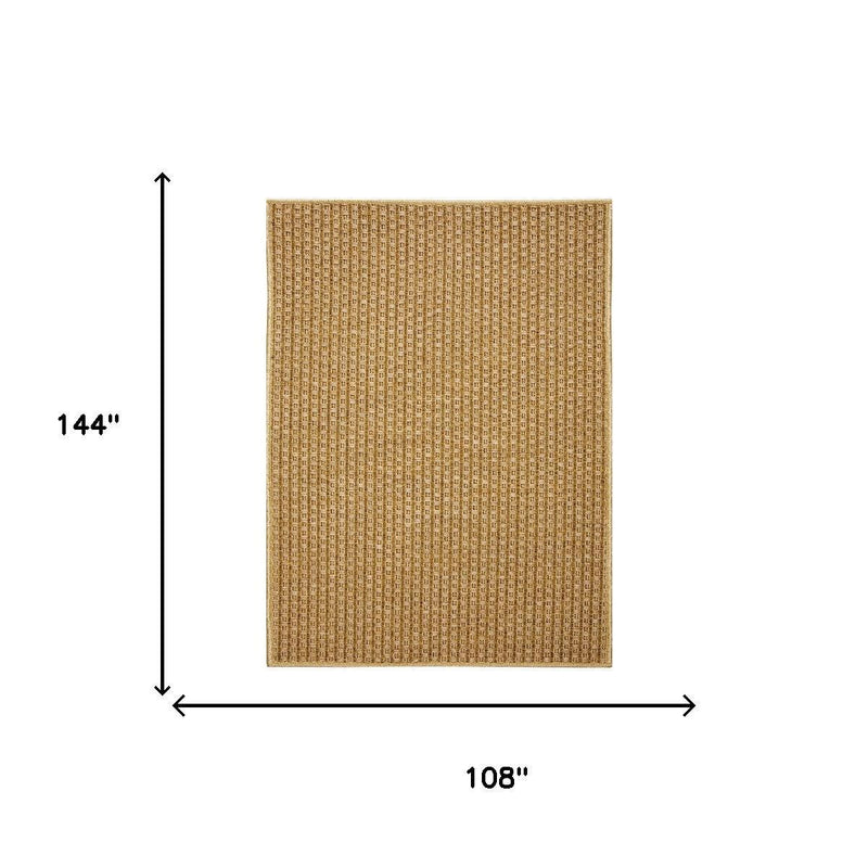 Beige 9x12 indoor/outdoor area rug, flat-woven grid texture