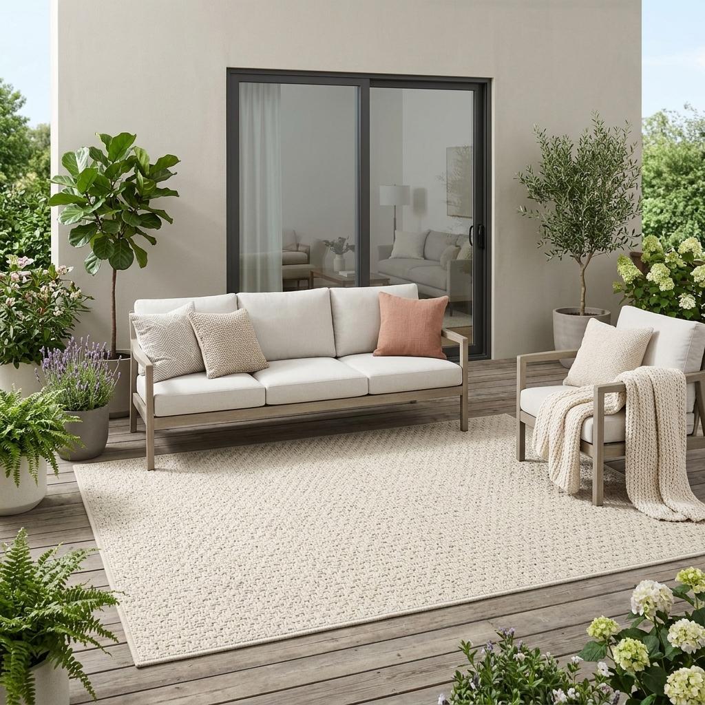 Beige indoor outdoor area rug in outdoor seating area, textured loop surface